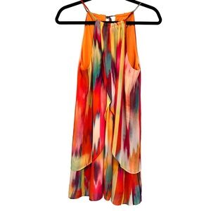 Bisou Bisou Size 2 Watercolor Halter Mini Dress Boho Resort Vacation Summer